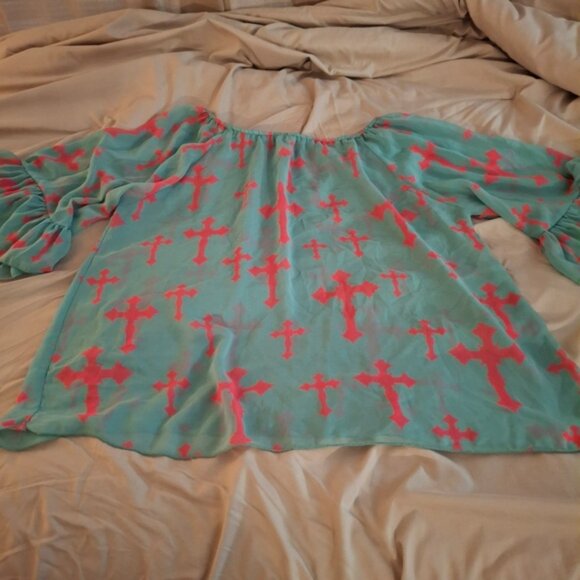 R Rouge Women's Aqua and Pink Cross Pattern Sheer Top - Picture 7 of 8